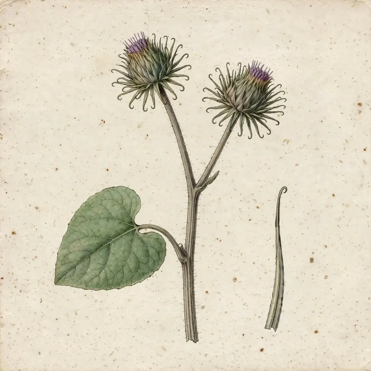 Tige de bardane, grande feuille en cœur, capitules à bractées crochues et une bractée grossie