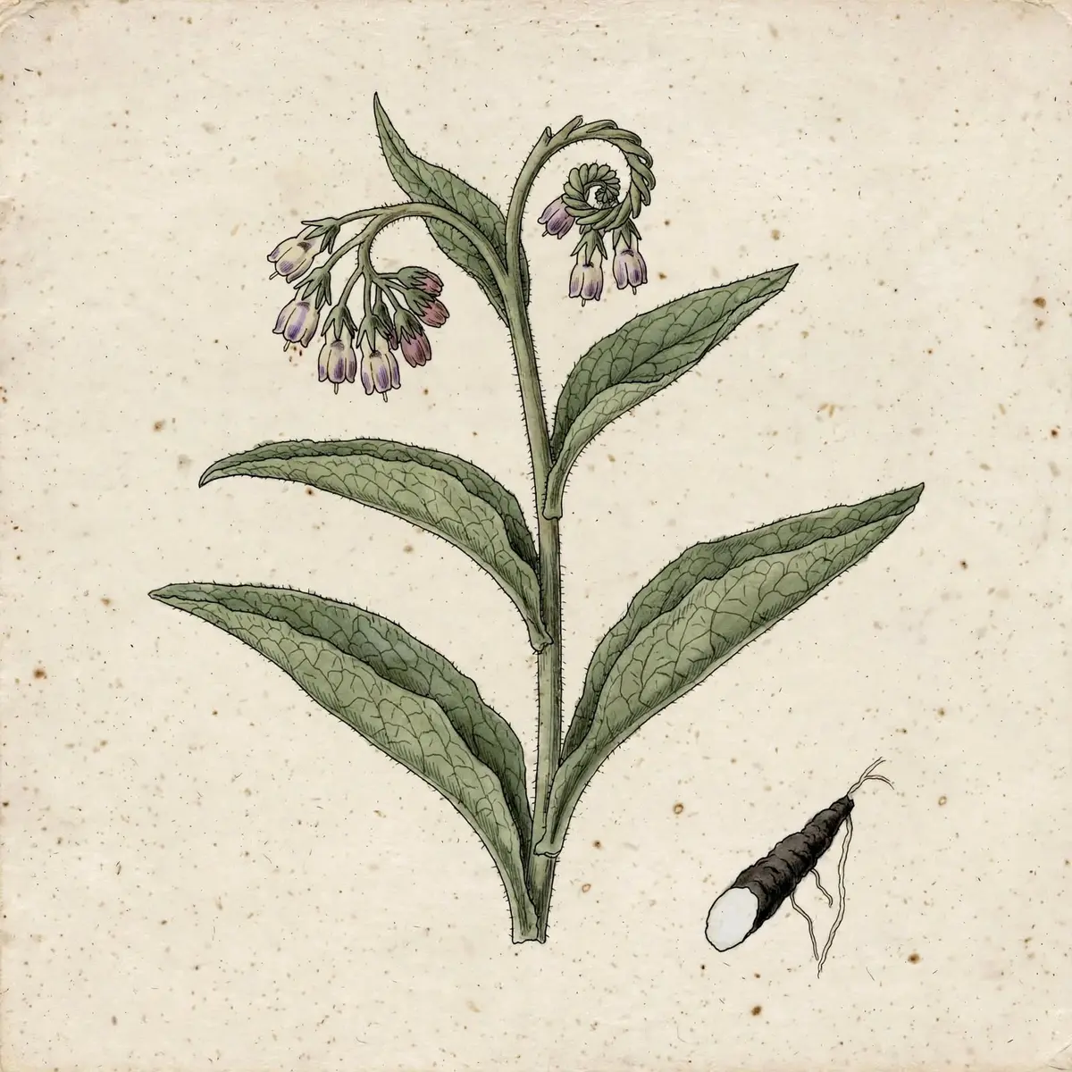 Tige de consoude, feuilles rugueuses décurrentes, inflorescence en crosse, et une racine coupée noire dehors et blanche dedans