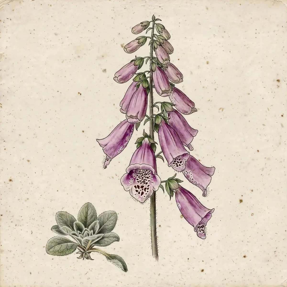 Hampe de digitale pourpre en fleurs, gorge tachetée, et rosette de première année
