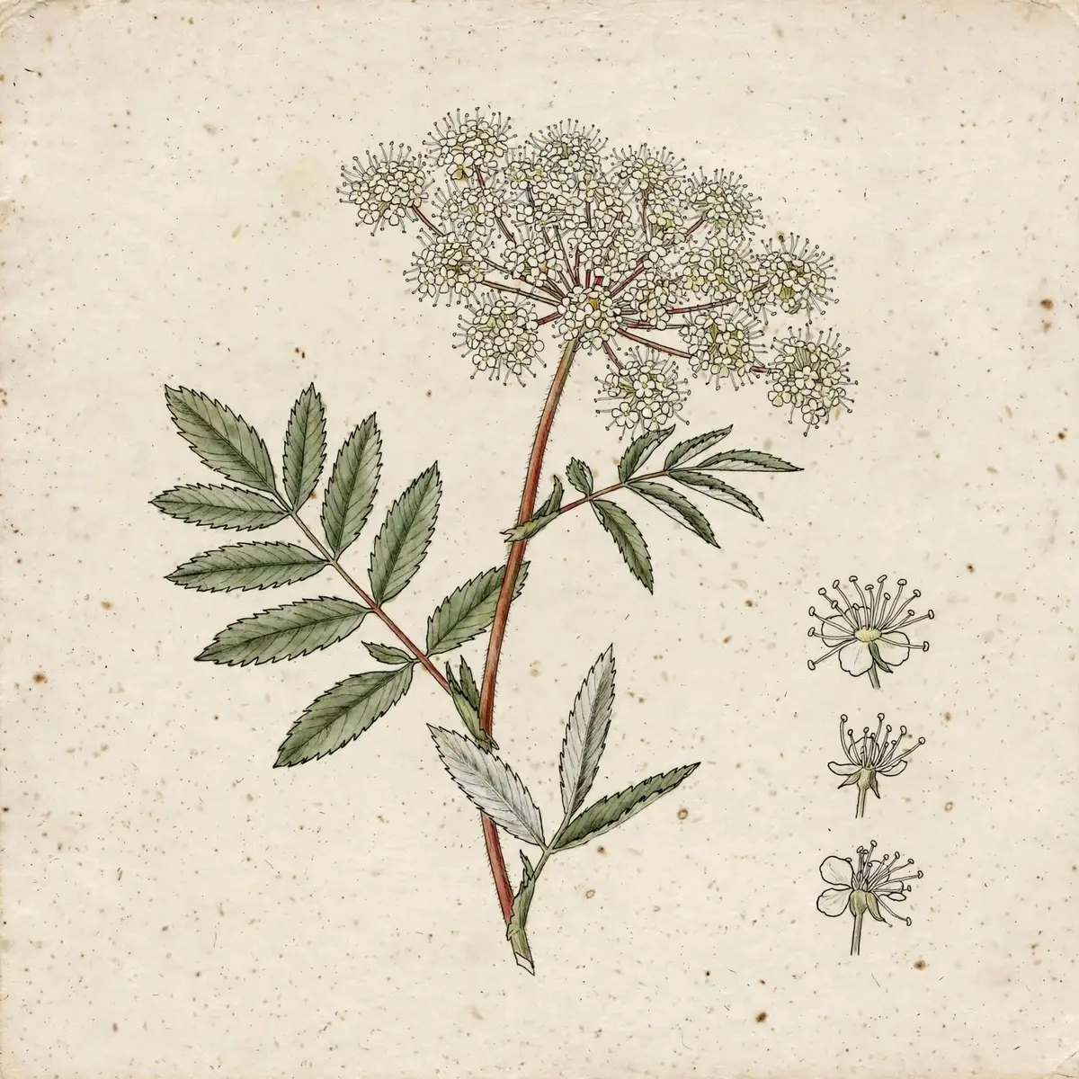 Tige de reine-des-prés : feuille composée à folioles dentées et nuage de petites fleurs crème